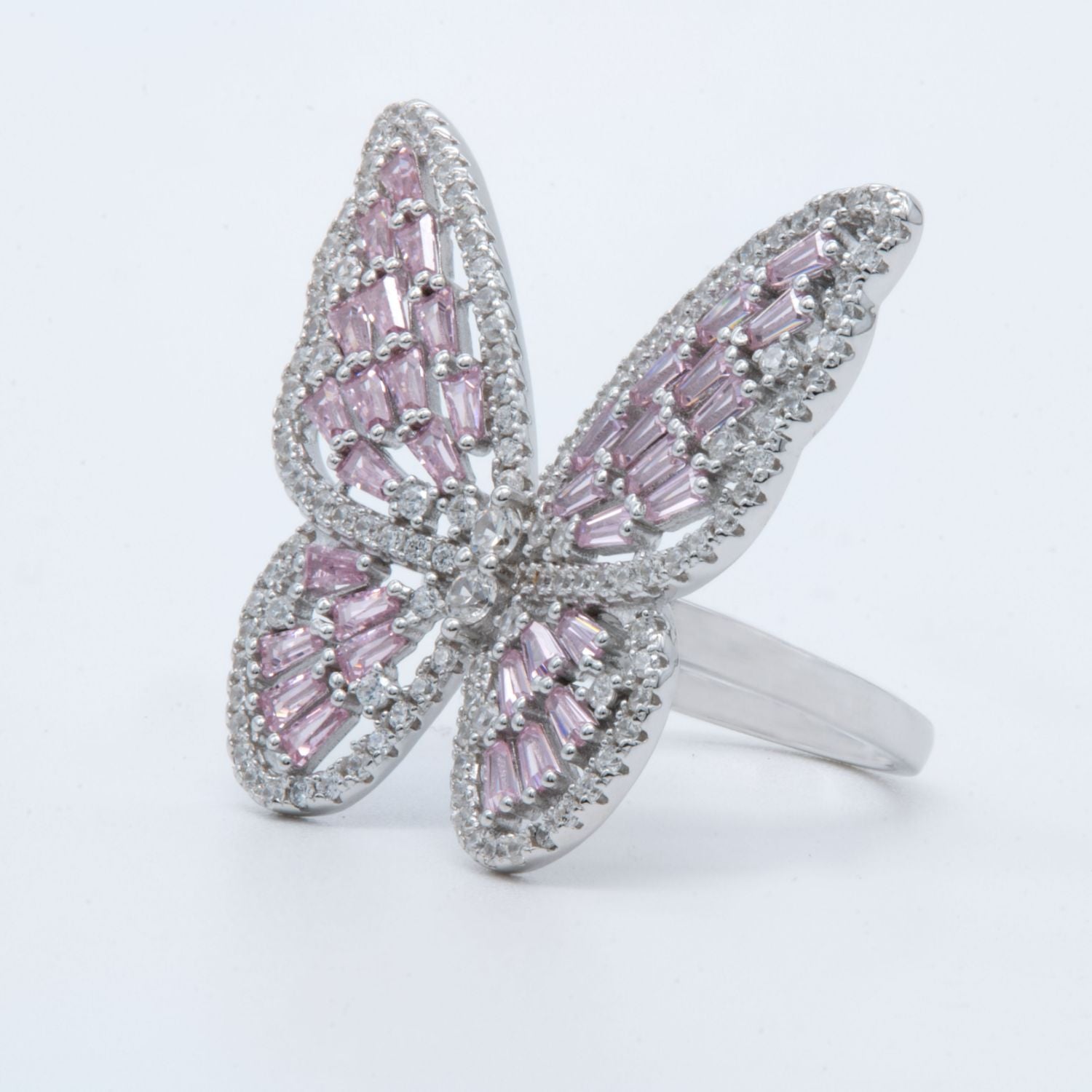 Silver Pink Baguette Butterfly Ring